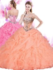 Charming Orange Red Lace Up 15 Quinceanera Dress Beading and Ruffles Sleeveless Floor Length