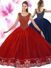 New Arrival Wine Red Ball Gowns Scoop Sleeveless Tulle Floor Length Zipper Beading and Appliques Ball Gown Prom Dress