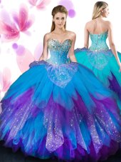 Eye-catching Sweetheart Sleeveless 15 Quinceanera Dress Floor Length Beading and Ruffles Multi-color Tulle
