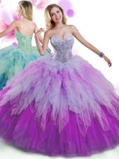 High Class Sleeveless Tulle Floor Length Lace Up Quinceanera Gown in Multi-color for with Beading and Ruffles