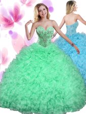 Graceful Ball Gowns Organza Sweetheart Sleeveless Beading and Ruffles Floor Length Lace Up Vestidos de Quinceanera