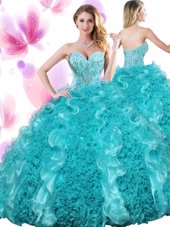 Pretty Sweetheart Sleeveless Lace Up Quinceanera Dresses Teal Organza