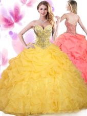 On Sale Ruffled Ball Gowns Quince Ball Gowns Gold Sweetheart Tulle Sleeveless Floor Length Lace Up