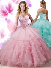 Sophisticated Pink Lace Up Sweetheart Beading and Ruffled Layers Quinceanera Gowns Organza Sleeveless