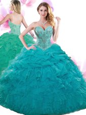 Fancy Teal Lace Up Sweetheart Beading and Ruffles and Pick Ups Quince Ball Gowns Organza Sleeveless