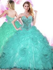 Designer Turquoise Ball Gowns Sweetheart Sleeveless Organza Floor Length Lace Up Beading Sweet 16 Dress
