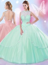 Best Selling Apple Green Ball Gowns High-neck Sleeveless Tulle Floor Length Lace Up Beading 15th Birthday Dress