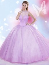 Affordable Ball Gowns Sweet 16 Dress Lavender High-neck Tulle Sleeveless Floor Length Lace Up