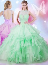 Dazzling Apple Green High-neck Lace Up Beading and Ruffles 15th Birthday Dress Sleeveless