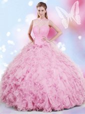 Suitable Rose Pink Tulle Lace Up Halter Top Sleeveless Floor Length Sweet 16 Dress Beading and Ruffles