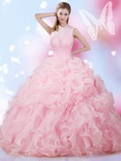 Luxurious Baby Pink High-neck Neckline Beading and Ruffles and Pick Ups Vestidos de Quinceanera Sleeveless Lace Up