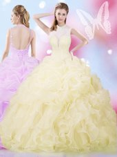 Trendy Pick Ups Floor Length Ball Gowns Sleeveless Light Yellow Quince Ball Gowns Lace Up