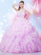 Spectacular Lavender Ball Gowns High-neck Sleeveless Organza Floor Length Lace Up Beading and Ruffles and Pick Ups Sweet 16 Dress