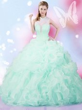 Traditional Apple Green Ball Gowns Organza High-neck Sleeveless Beading and Ruffles and Pick Ups Floor Length Lace Up Quince Ball Gowns