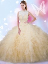 Flirting Sleeveless Tulle Floor Length Lace Up Quinceanera Dresses in Champagne for with Beading and Ruffles