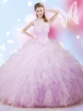 Nice Lavender Sleeveless Floor Length Beading and Ruffles Lace Up Sweet 16 Quinceanera Dress