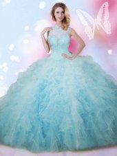 Great Baby Blue Lace Up 15 Quinceanera Dress Beading and Ruffles Sleeveless Floor Length