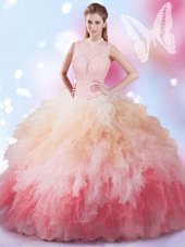 Artistic High-neck Sleeveless Sweet 16 Dresses Floor Length Beading and Ruffles Multi-color Tulle