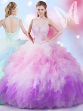 Enchanting Beading and Ruffles 15th Birthday Dress Multi-color Lace Up Sleeveless Floor Length