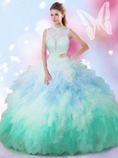 Beauteous Multi-color Quinceanera Dresses Military Ball and Sweet 16 and Quinceanera and For with Beading and Ruffles High-neck Sleeveless Lace Up