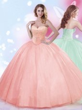 Trendy Watermelon Red Sleeveless Tulle Lace Up Quinceanera Dress for Military Ball and Sweet 16 and Quinceanera