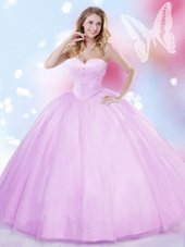 Custom Design Lilac Tulle Lace Up Sweetheart Sleeveless Floor Length Quince Ball Gowns Beading