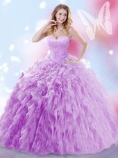 Custom Designed Sweetheart Sleeveless Quinceanera Dress Brush Train Beading and Ruffles Lavender Tulle