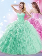 Glittering Apple Green Sleeveless Tulle Brush Train Lace Up Quinceanera Gowns for Military Ball and Sweet 16 and Quinceanera