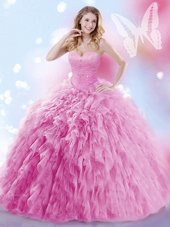Exceptional Rose Pink Sleeveless Beading and Ruffles Lace Up 15th Birthday Dress