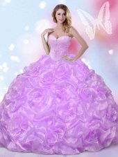 Modern Sleeveless Fabric With Rolling Flowers Floor Length Lace Up Quince Ball Gowns in Lavender for with Beading