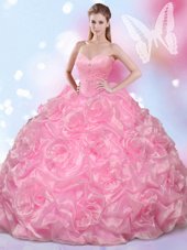Captivating Floor Length Lace Up Quince Ball Gowns Rose Pink and In for Military Ball and Sweet 16 and Quinceanera with Beading