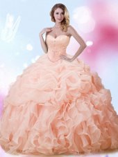 Pretty With Train Peach Quinceanera Dresses Organza Brush Train Sleeveless Beading and Ruffles and Pick Ups