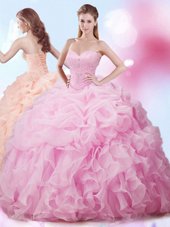 Pick Ups With Train Ball Gowns Sleeveless Rose Pink Sweet 16 Dress Brush Train Lace Up