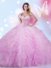 New Style Lilac Tulle Lace Up 15 Quinceanera Dress Sleeveless Floor Length Beading and Ruffles