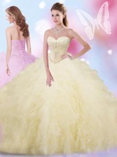 Fitting Light Yellow Lace Up Vestidos de Quinceanera Beading and Ruffles Sleeveless Floor Length