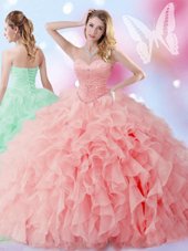 Sophisticated Floor Length Watermelon Red Quinceanera Dress Sweetheart Sleeveless Lace Up