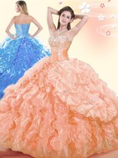 Fashion Floor Length Lace Up Ball Gown Prom Dress Orange and In for Military Ball and Sweet 16 and Quinceanera with Beading and Ruffles and Pick Ups
