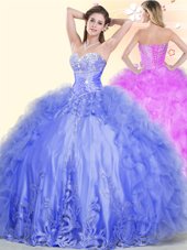 Pretty Blue Sleeveless Beading and Ruffles Floor Length 15th Birthday Dress