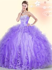 Popular Lavender Tulle Lace Up Sweetheart Sleeveless Floor Length Quince Ball Gowns Beading and Appliques and Ruffles