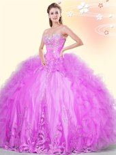 Glamorous Tulle Sweetheart Sleeveless Lace Up Beading and Appliques and Ruffles Quince Ball Gowns in Lilac