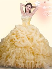 Gold Ball Gowns Beading and Ruffles and Pick Ups 15th Birthday Dress Lace Up Organza Sleeveless With Train