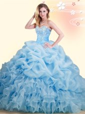 Dramatic Baby Blue Ball Gowns Sweetheart Sleeveless Organza With Brush Train Lace Up Beading and Ruffles and Pick Ups Vestidos de Quinceanera