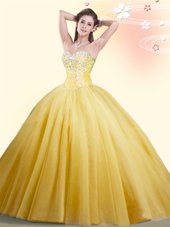 Fantastic Sleeveless Floor Length Beading Lace Up Quinceanera Gown with Gold
