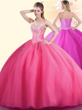 Elegant Hot Pink Lace Up Sweetheart Beading Quince Ball Gowns Tulle Sleeveless