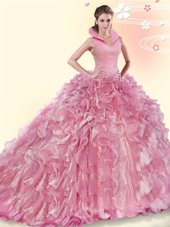 Designer Beading and Ruffles 15th Birthday Dress Pink Backless Sleeveless Brush Train