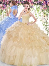 Elegant Champagne Ball Gowns Beading and Ruffled Layers Quinceanera Dress Backless Organza Sleeveless Floor Length