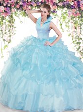 Pretty Backless Baby Blue Sleeveless Beading and Ruffled Layers Floor Length Quinceanera Gown