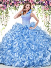 Elegant Blue Organza Backless 15th Birthday Dress Sleeveless Floor Length Beading and Ruffles