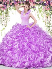 Elegant Floor Length Backless 15 Quinceanera Dress Lilac and In for Military Ball and Sweet 16 and Quinceanera with Beading and Ruffles