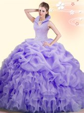 Charming Pick Ups High-neck Sleeveless Brush Train Backless 15 Quinceanera Dress Lavender Organza